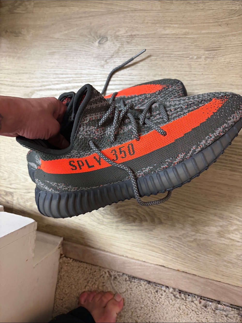 Yeezy Boost Style Grey Knit Sneakers with Bright Orange Stripe